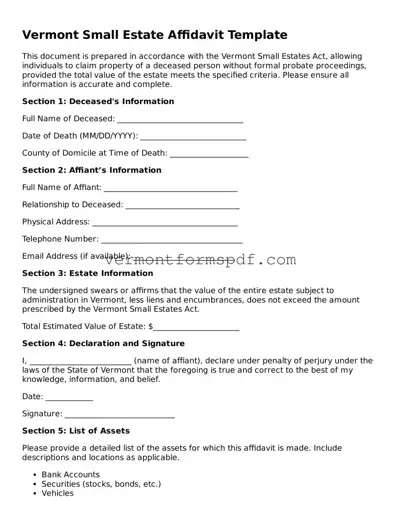 Printable Vermont Small Estate Affidavit Template