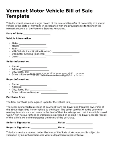 Printable Vermont Motor Vehicle Bill of Sale Template