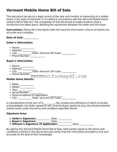 Printable Vermont Mobile Home Bill of Sale Template