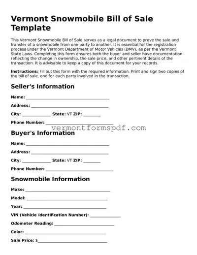 Printable Vermont Snowmobile Bill of Sale Template