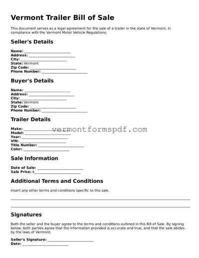 Printable Vermont Trailer Bill of Sale Template
