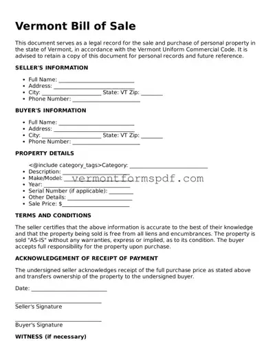 Printable Vermont Bill of Sale Template