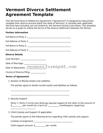 Printable Vermont Divorce Settlement Agreement Template