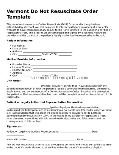 Printable Vermont Do Not Resuscitate Order Template