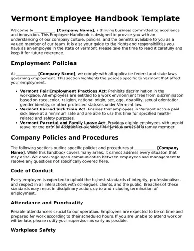 Printable Vermont Employee Handbook Template