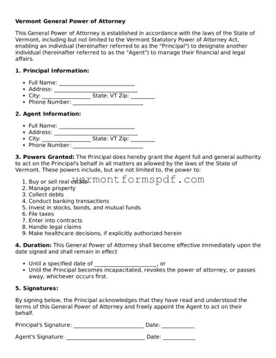 Printable Vermont General Power of Attorney Template