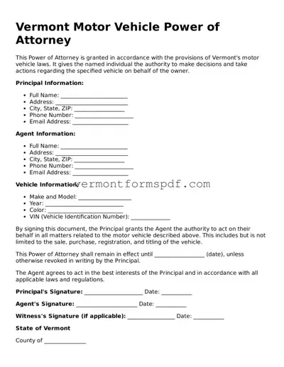 Printable Vermont Motor Vehicle Power of Attorney Template