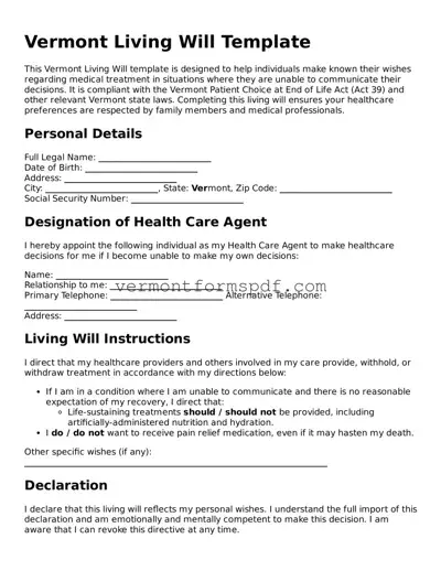 Printable Vermont Living Will Template