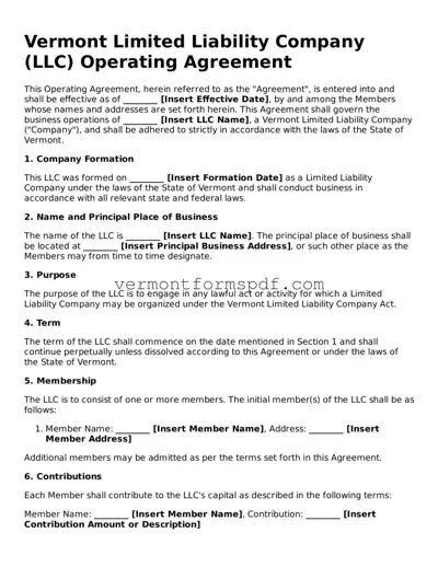 Printable Vermont Operating Agreement Template