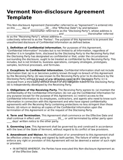 Printable Vermont Non-disclosure Agreement Template