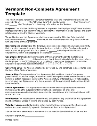 Printable Vermont Non-compete Agreement Template