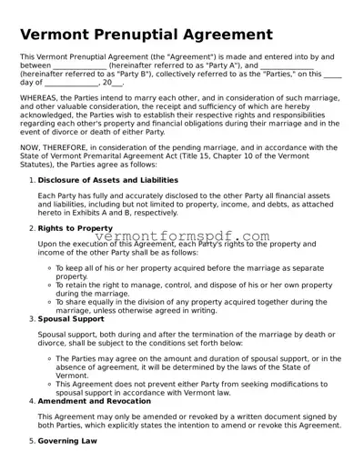 Printable Vermont Prenuptial Agreement Template