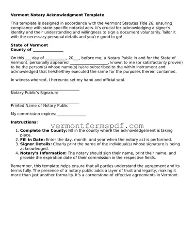 Printable Vermont Notary Acknowledgement Template