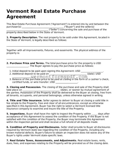 Printable Vermont Real Estate Purchase Agreement Template
