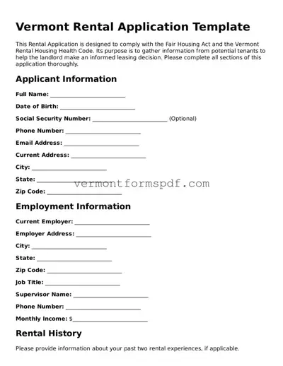 Printable Vermont Rental Application Template