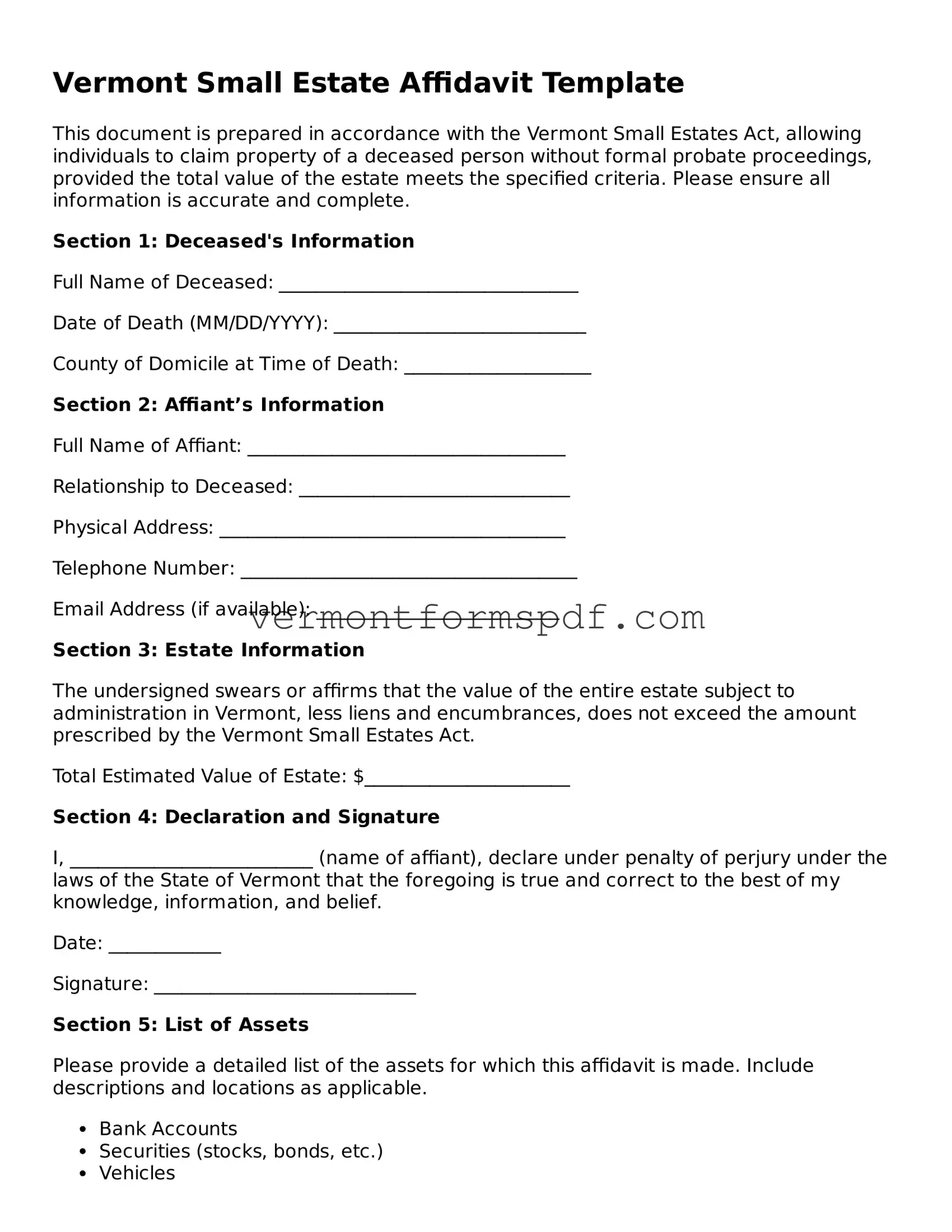 Printable Vermont Small Estate Affidavit Template