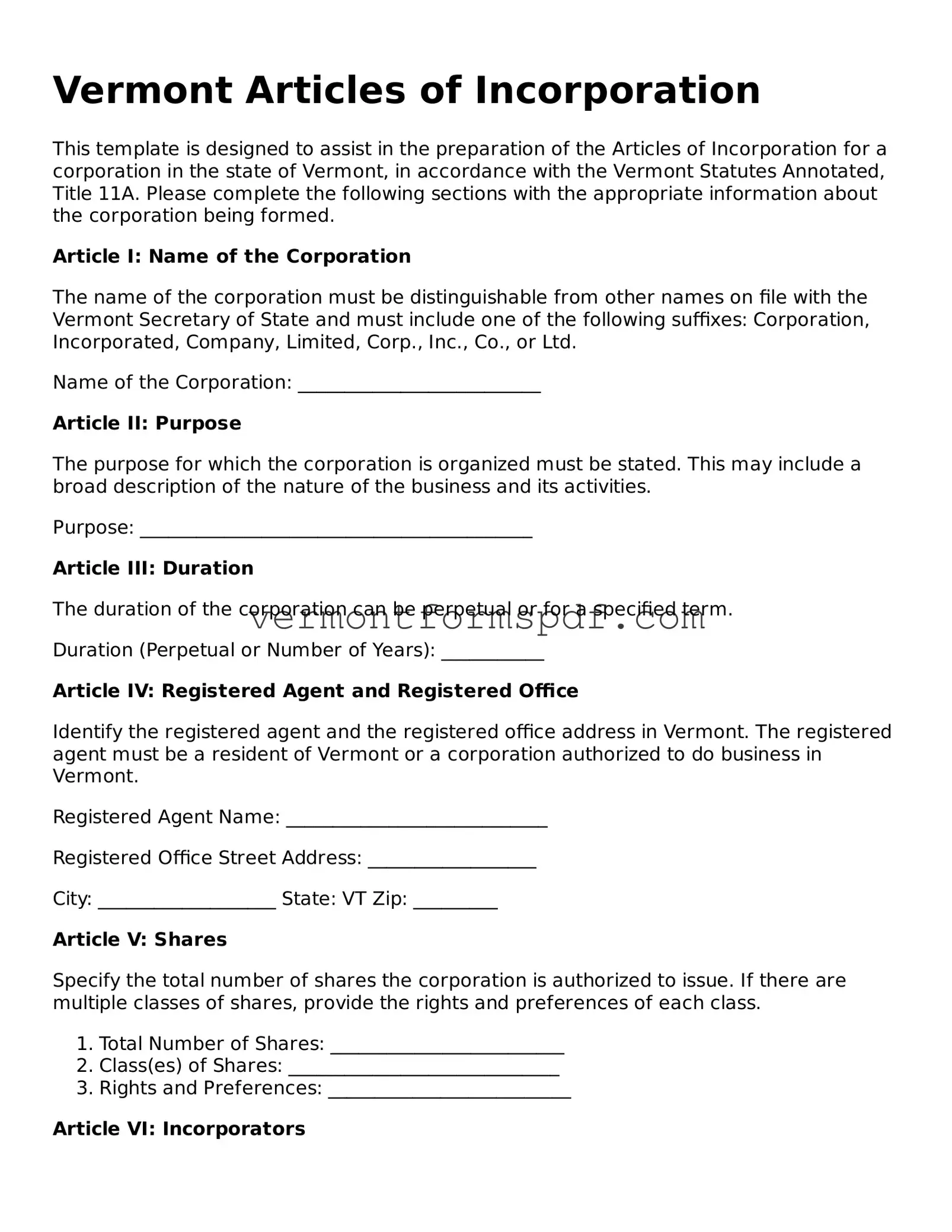 Printable Vermont Articles of Incorporation Template