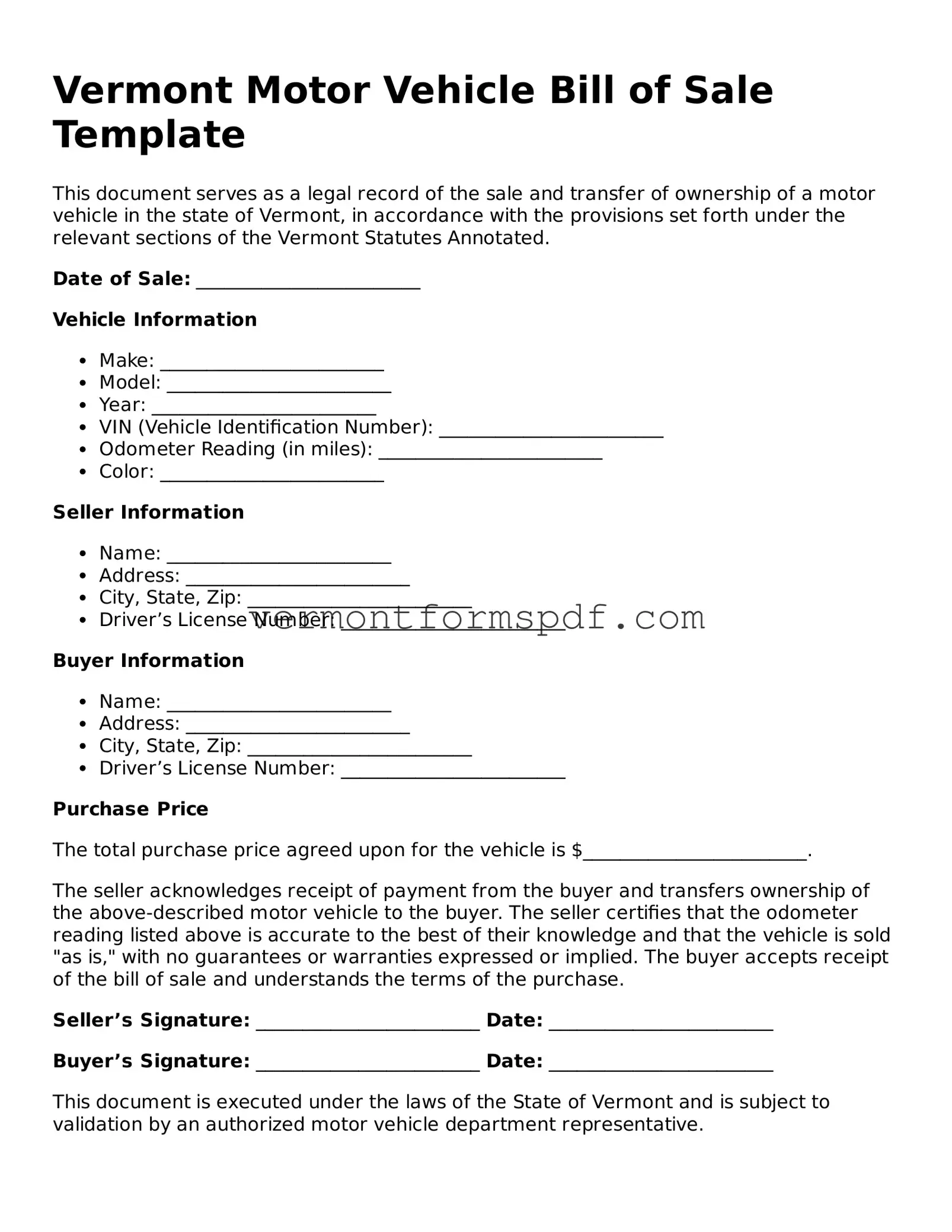 Printable Vermont Motor Vehicle Bill of Sale Template