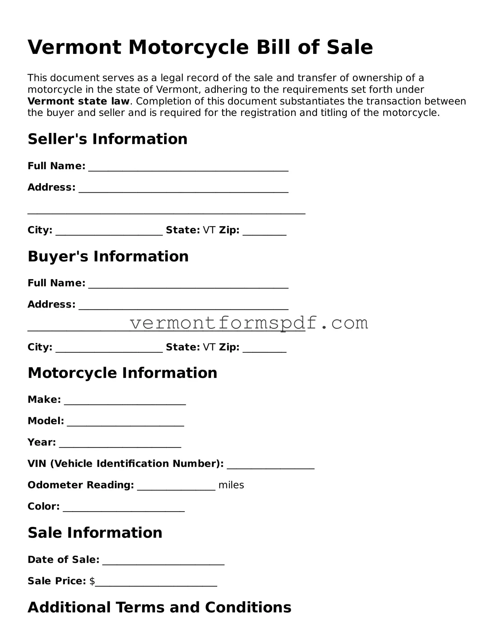 Printable Vermont Motorcycle Bill of Sale Template
