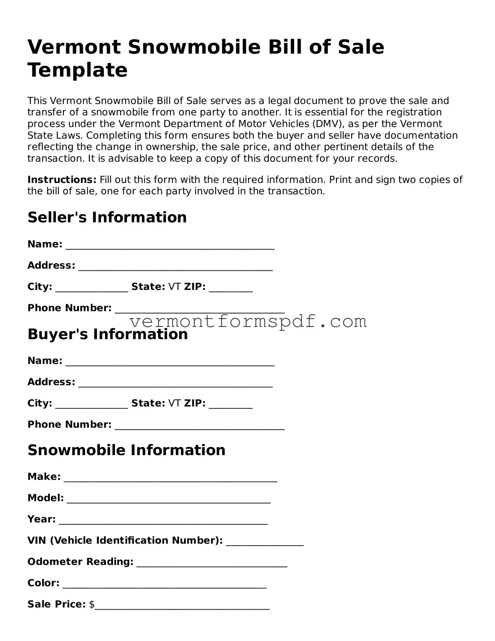 Printable Vermont Snowmobile Bill of Sale Template