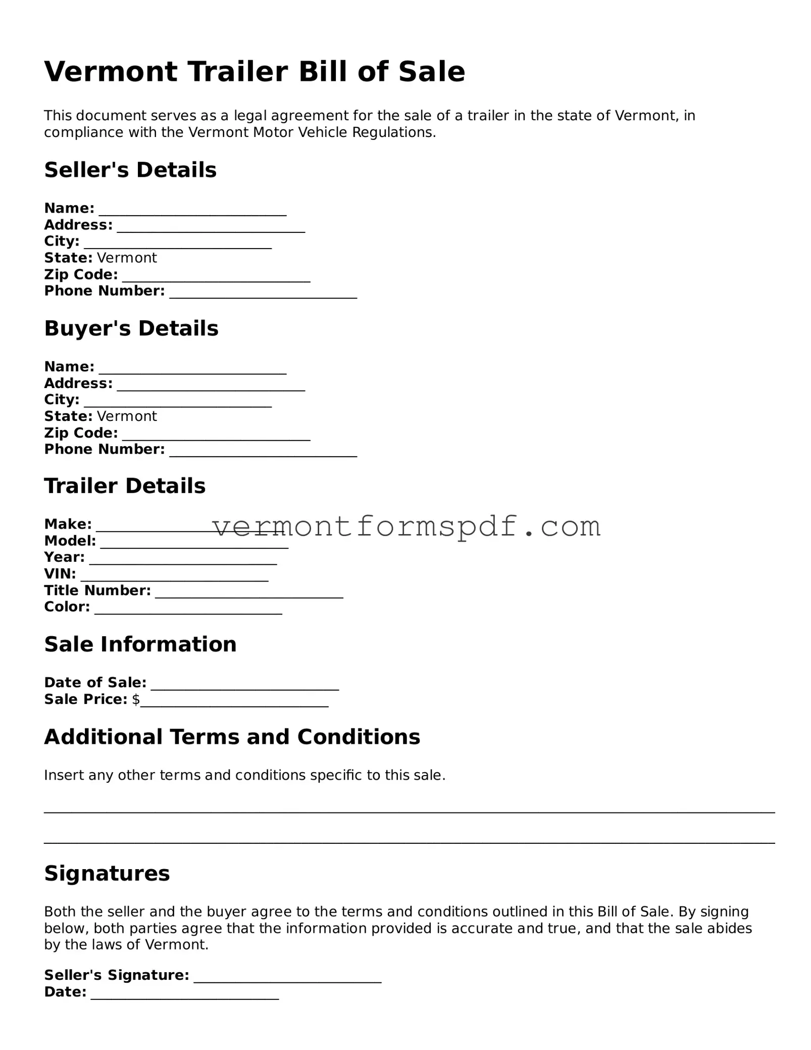 Printable Vermont Trailer Bill of Sale Template