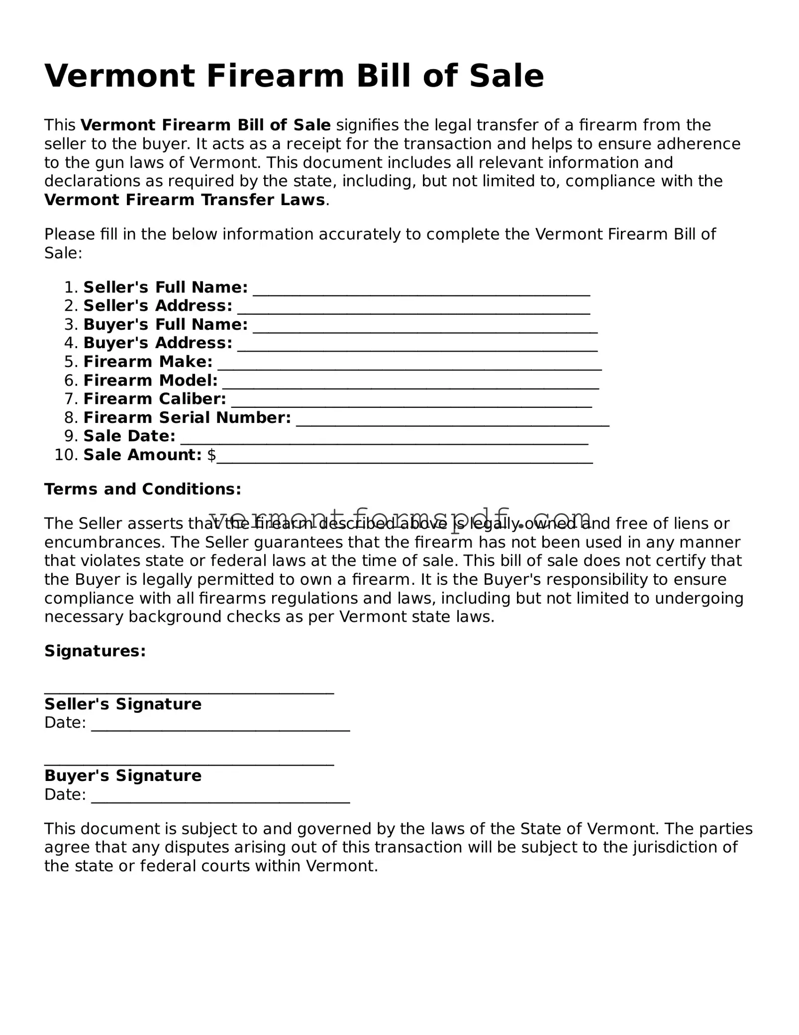 Printable Vermont Firearm Bill of Sale Template
