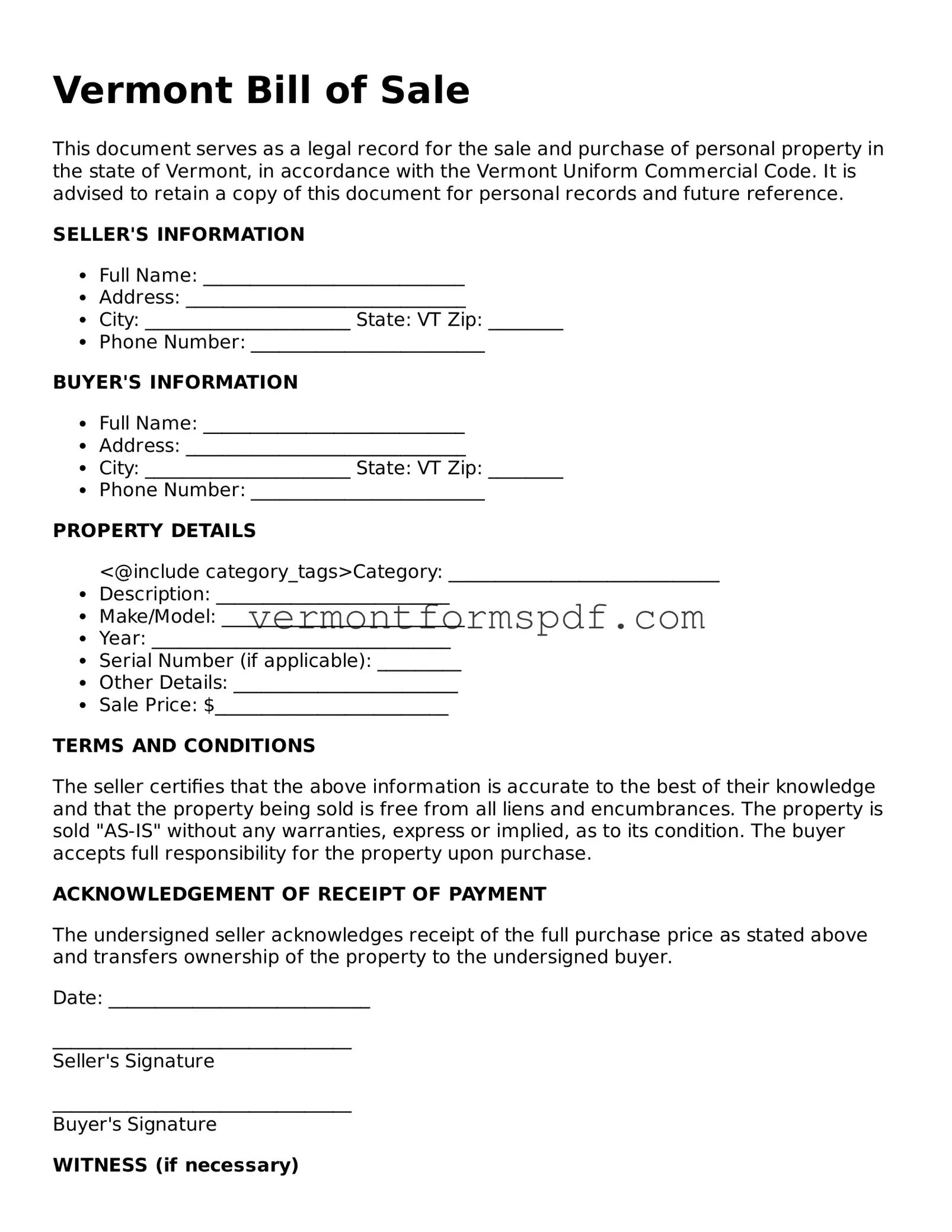 Printable Vermont Bill of Sale Template