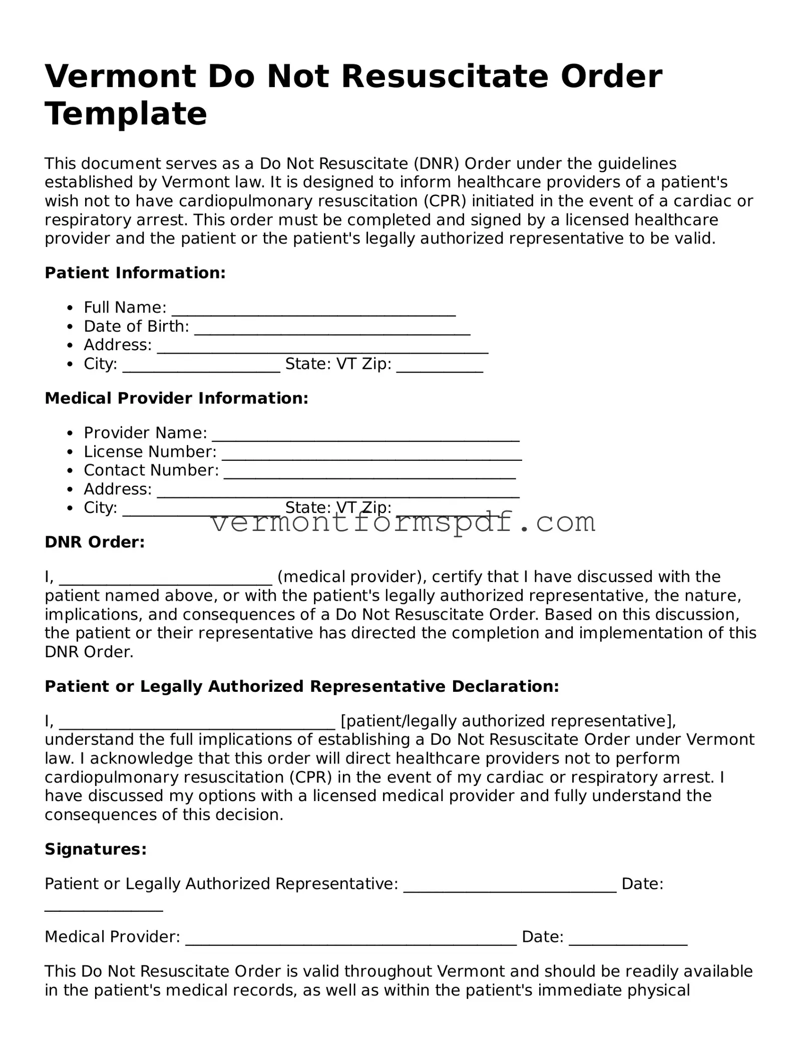 Printable Vermont Do Not Resuscitate Order Template