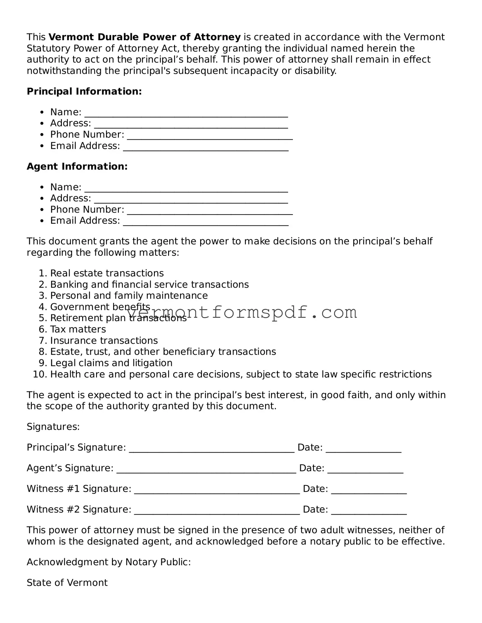 Printable Vermont Durable Power of Attorney Template