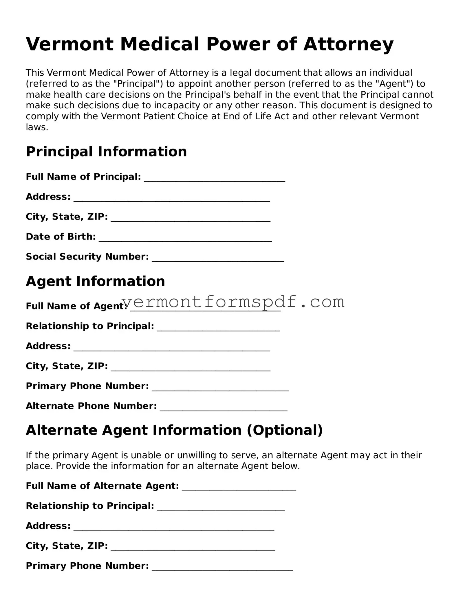 Printable Vermont Medical Power of Attorney Template