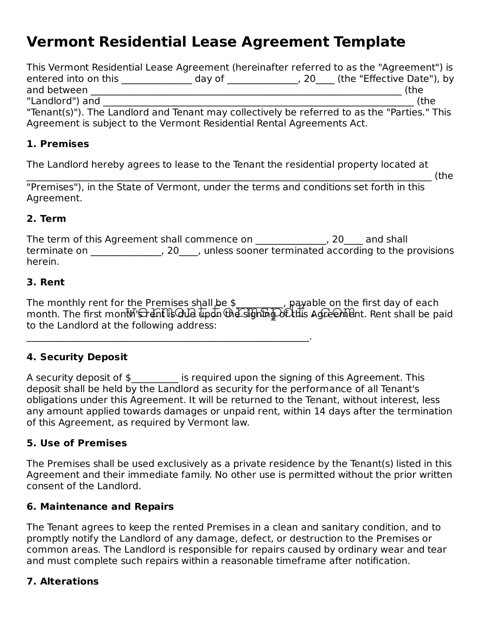 Printable Vermont Residential Lease Agreement Template