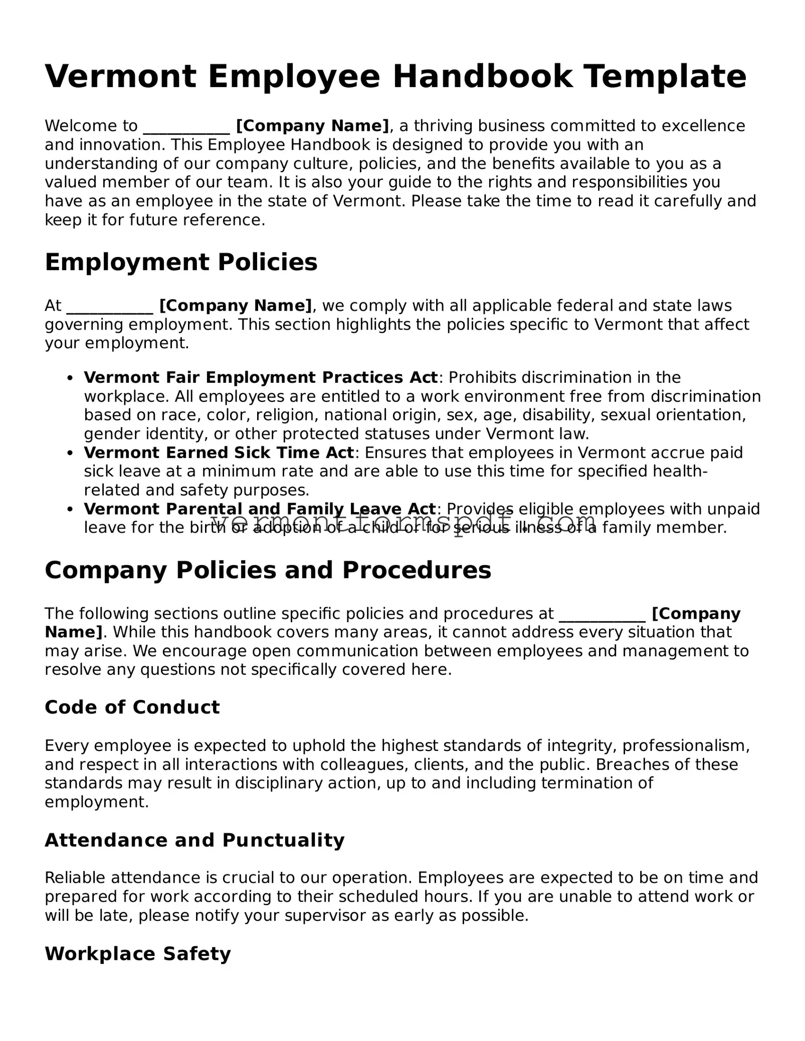 Printable Vermont Employee Handbook Template