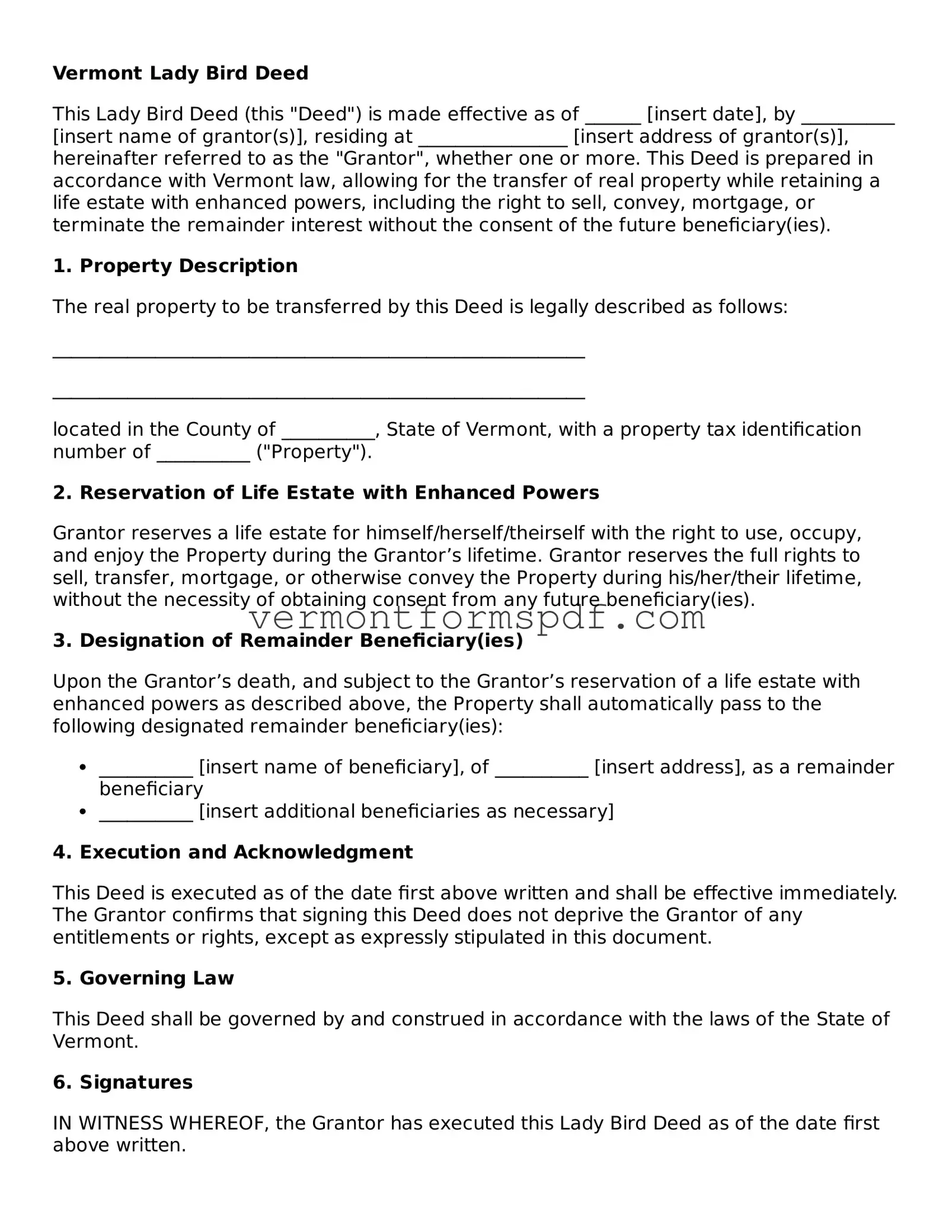 Printable Vermont Lady Bird Deed Template