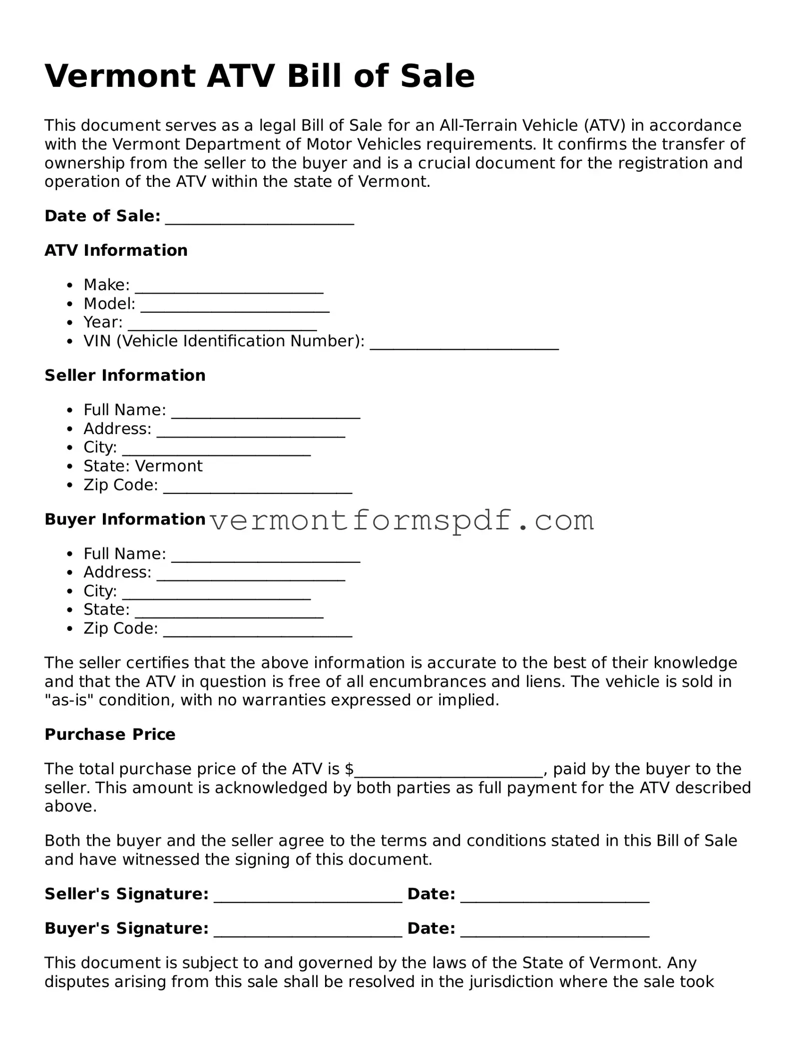 Printable Vermont ATV Bill of Sale Template