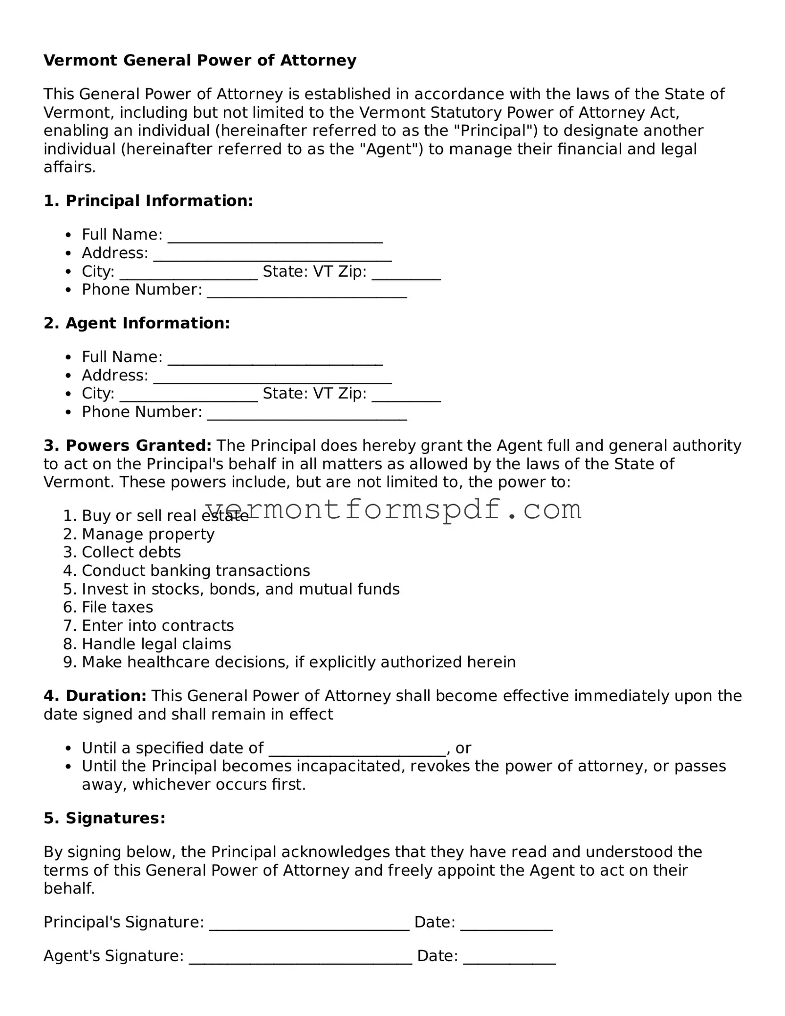 Printable Vermont General Power of Attorney Template
