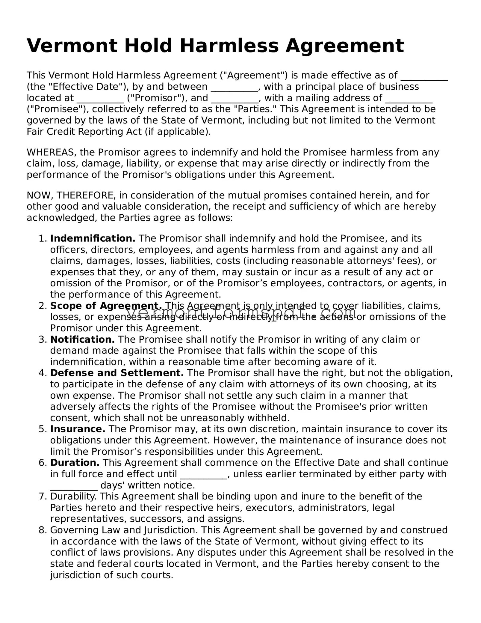 Printable Vermont Hold Harmless Agreement Template