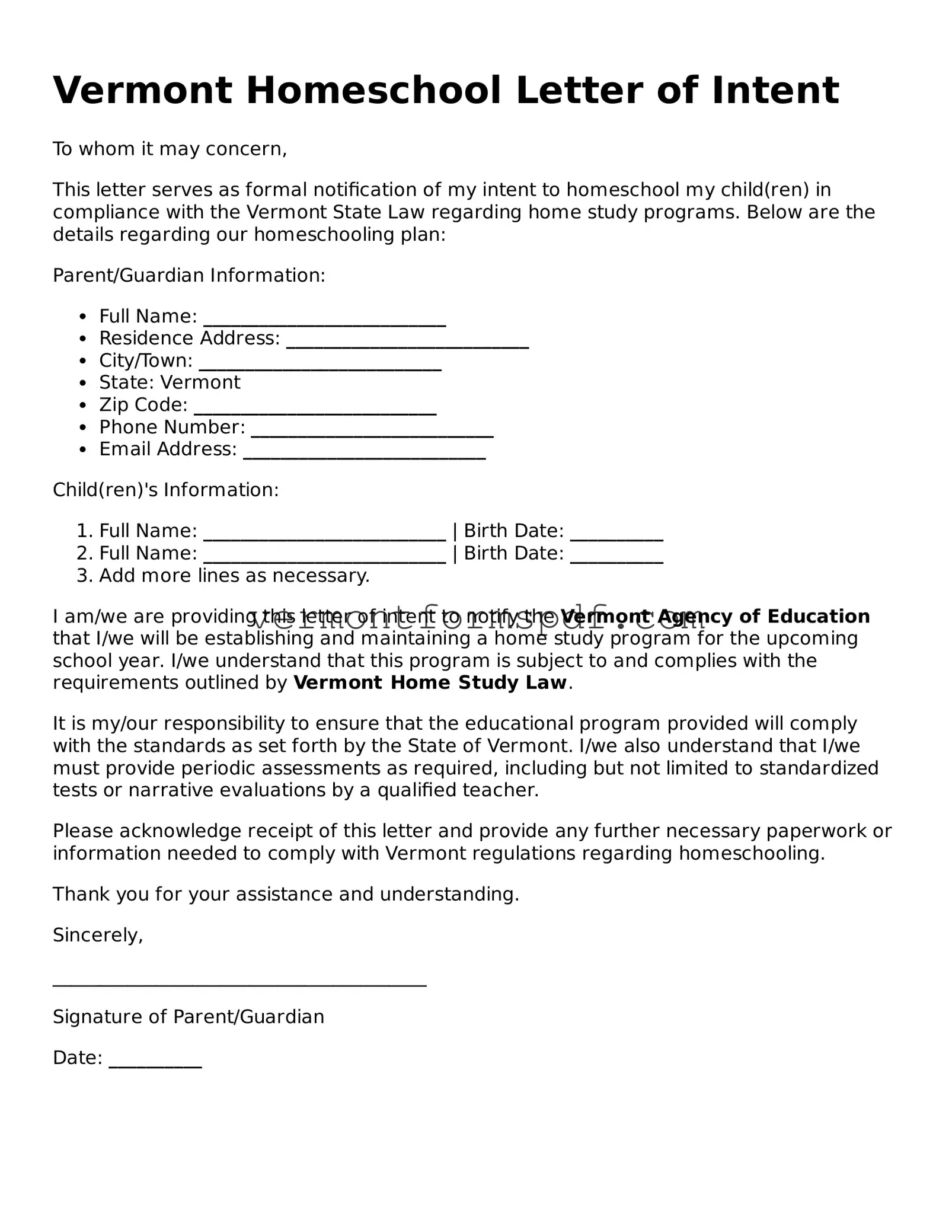 Printable Vermont Homeschool Letter of Intent Template