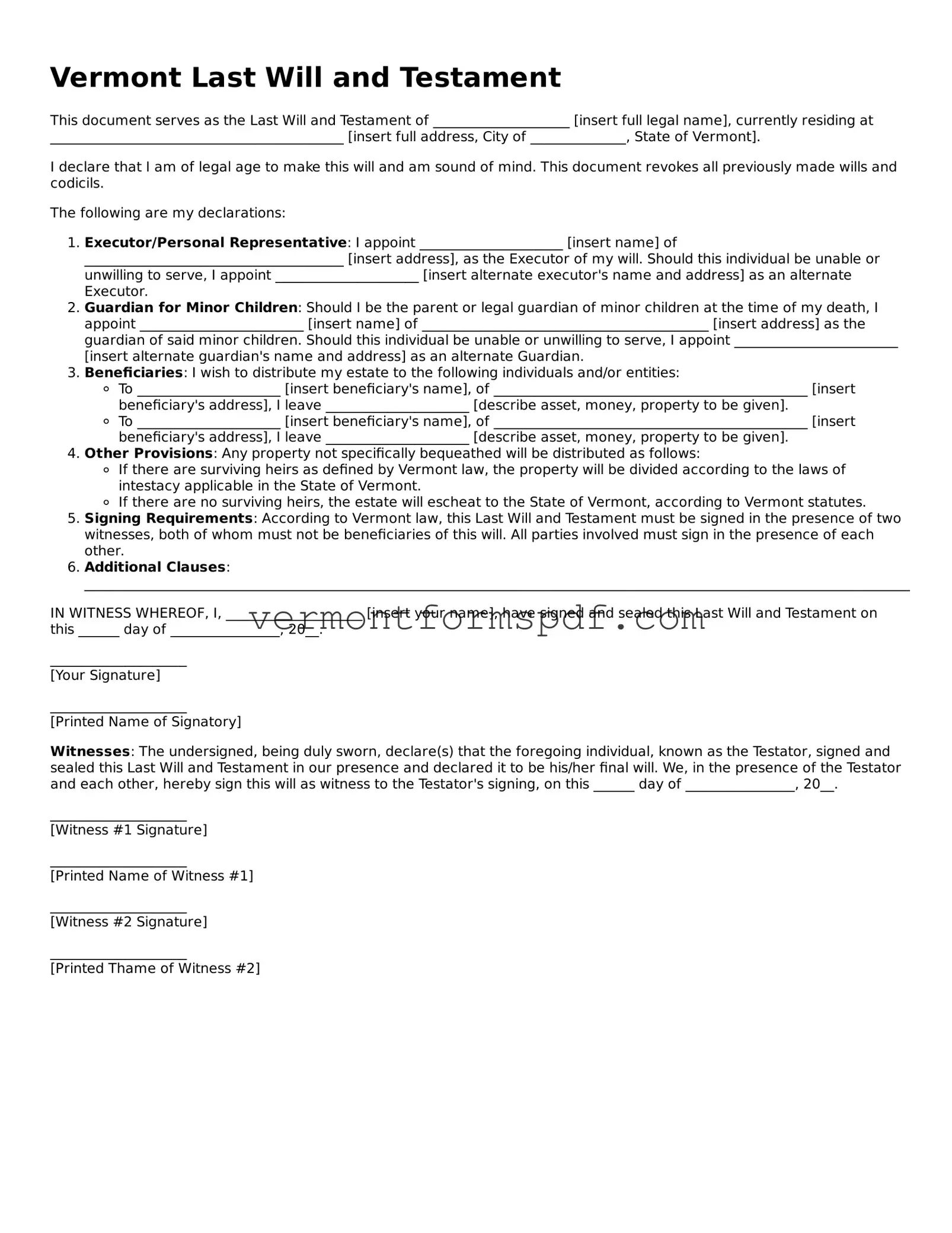 Printable Vermont Last Will and Testament Template