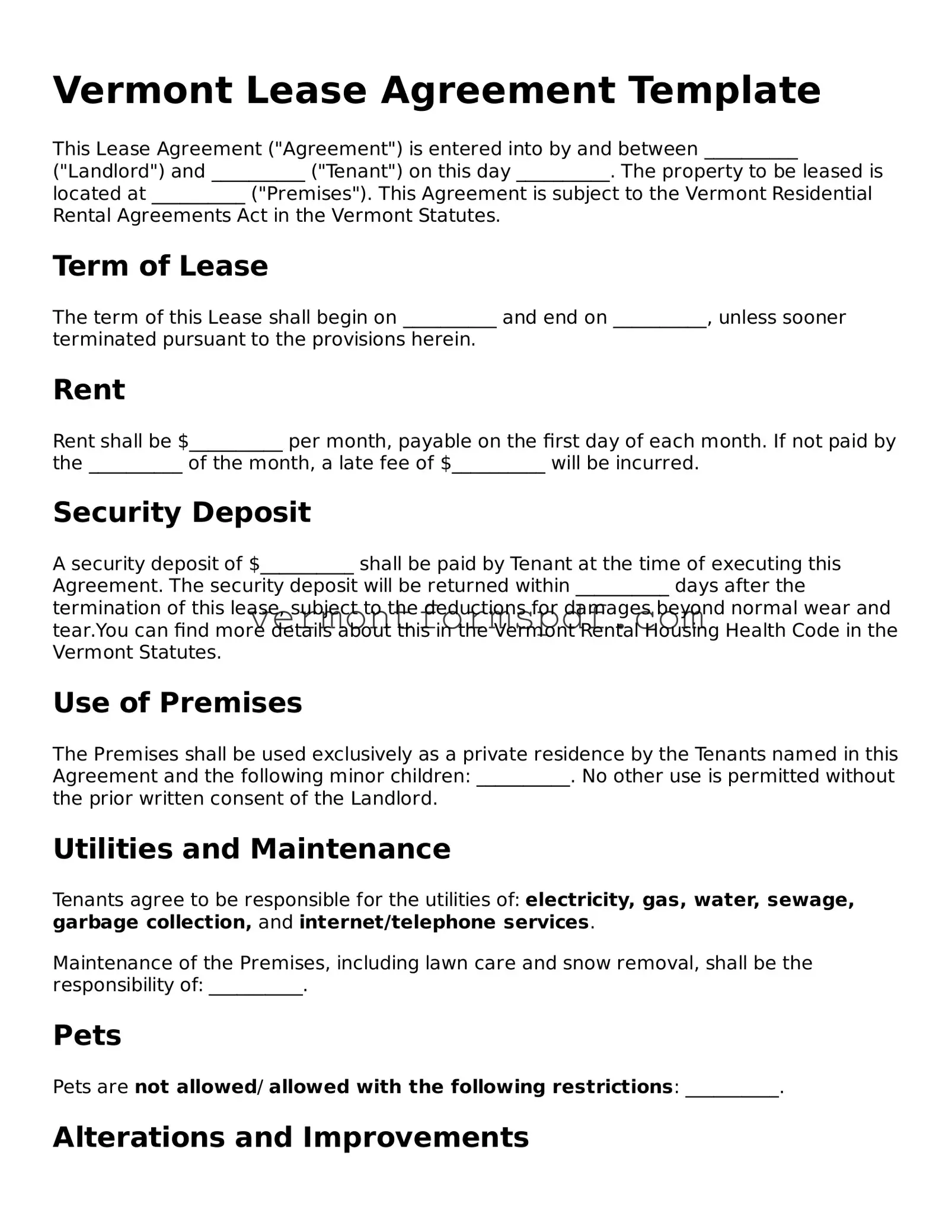 Printable Vermont Lease Agreement Template