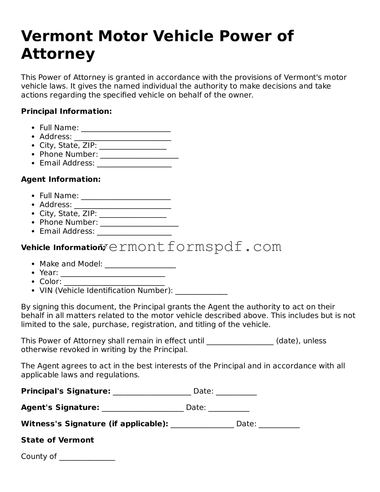 Printable Vermont Motor Vehicle Power of Attorney Template