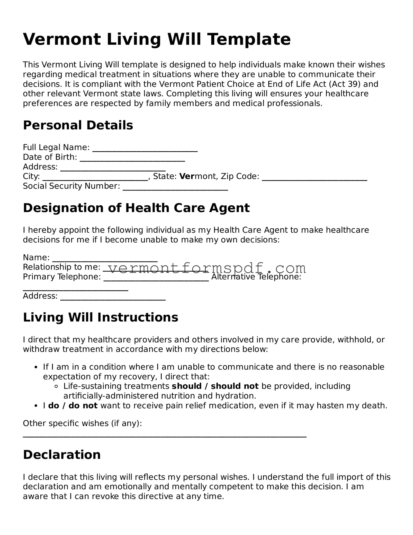 Printable Vermont Living Will Template