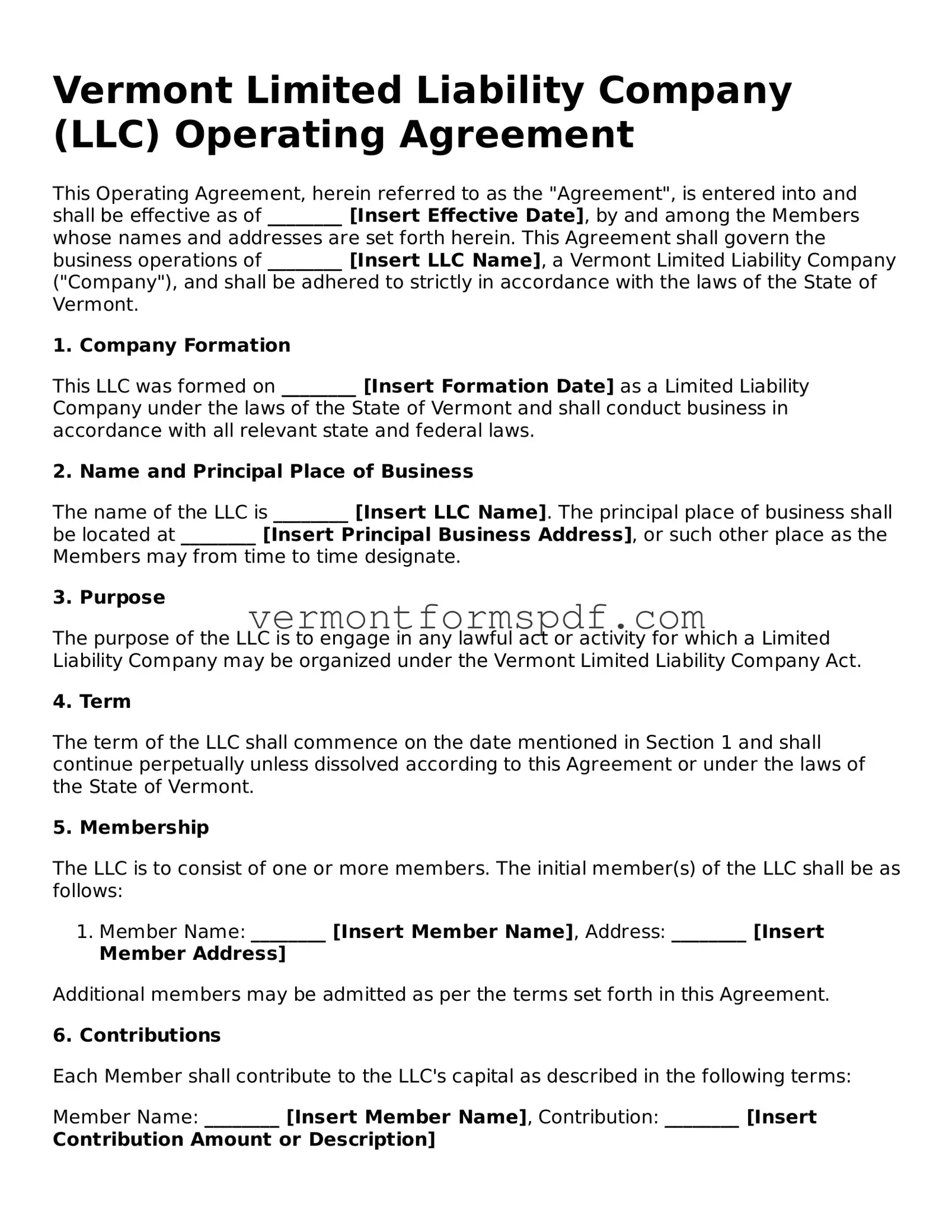 Printable Vermont Operating Agreement Template