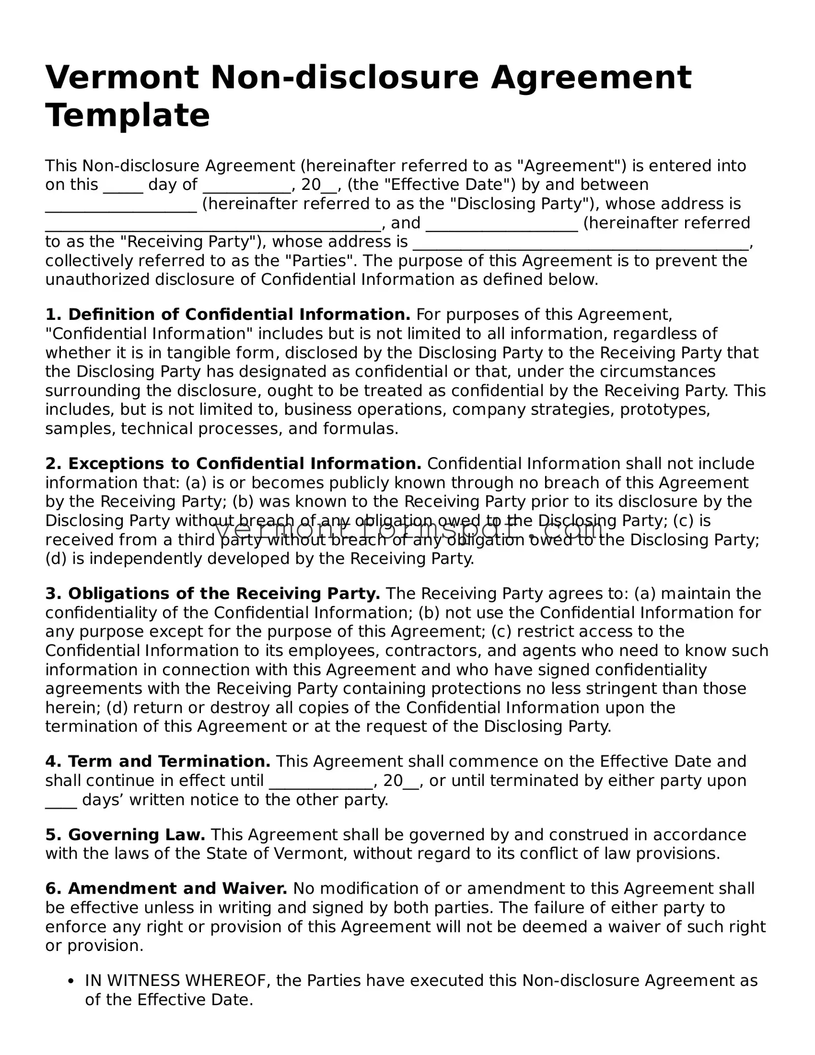 Printable Vermont Non-disclosure Agreement Template