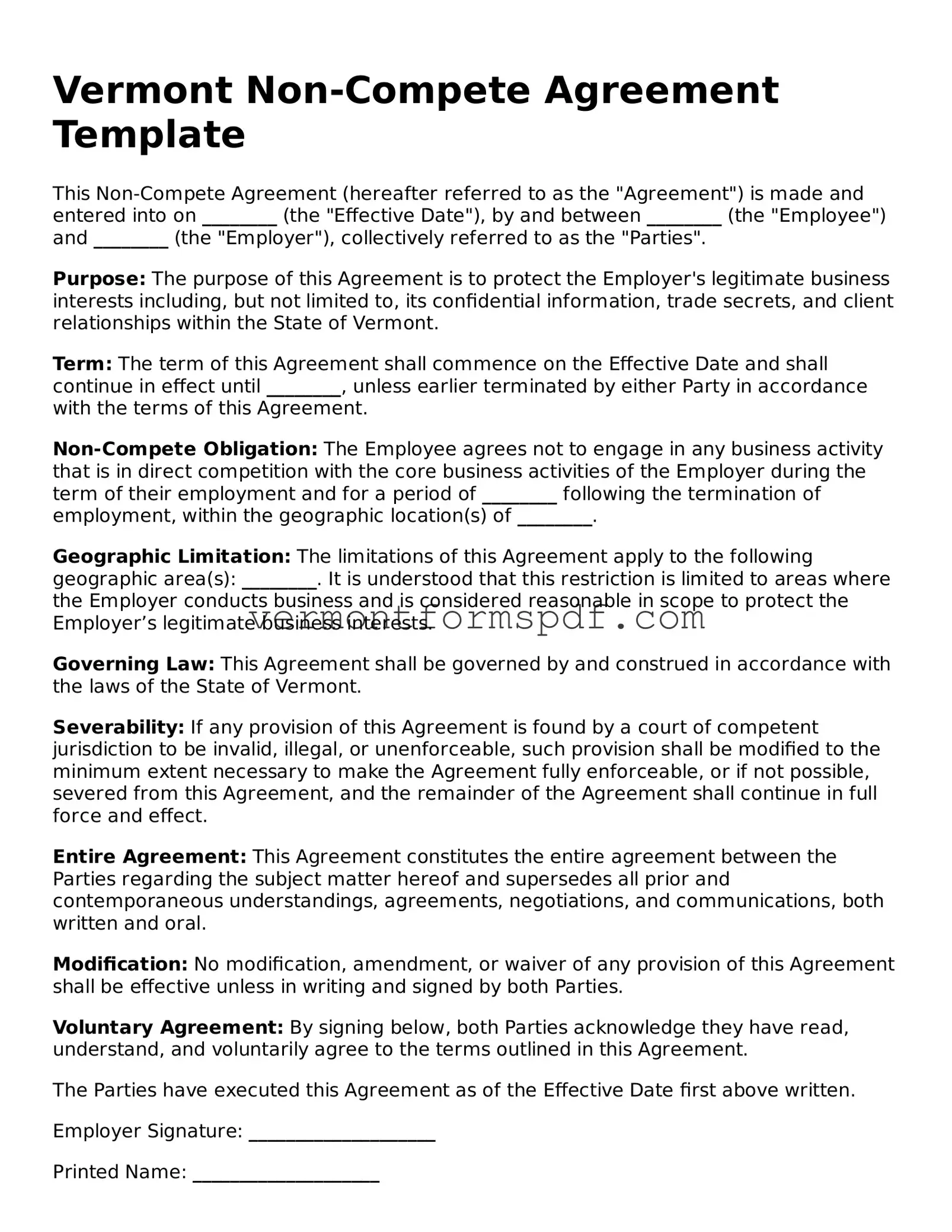 Printable Vermont Non-compete Agreement Template