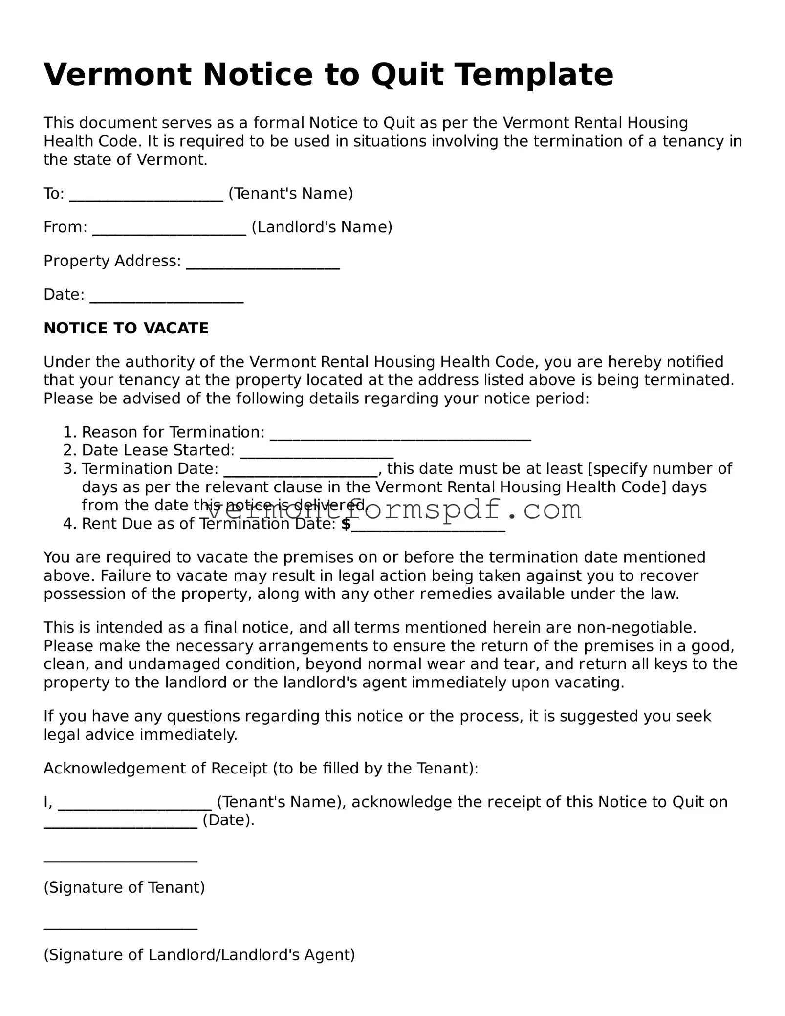 Printable Vermont Notice to Quit Template