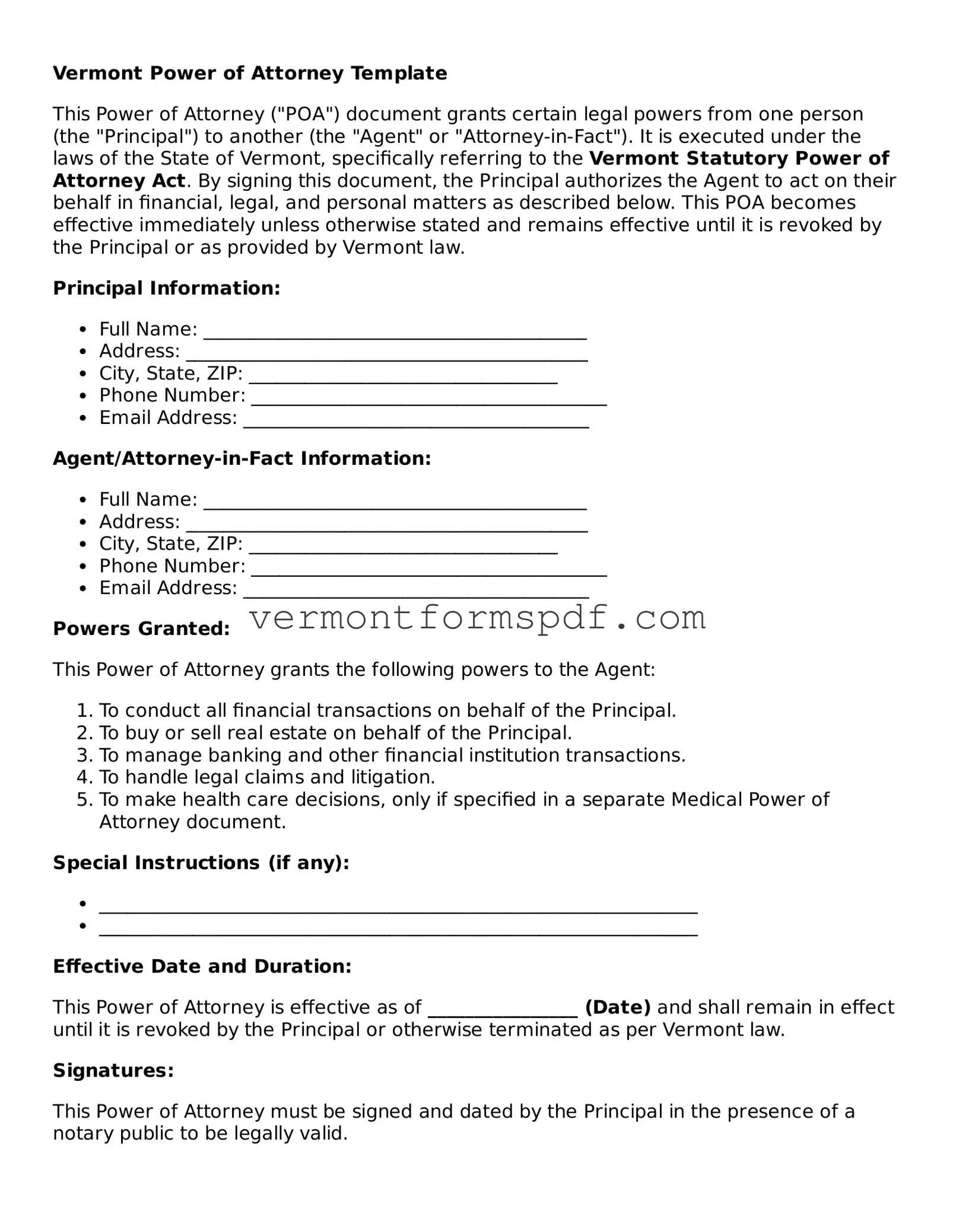Printable Vermont Power of Attorney Template