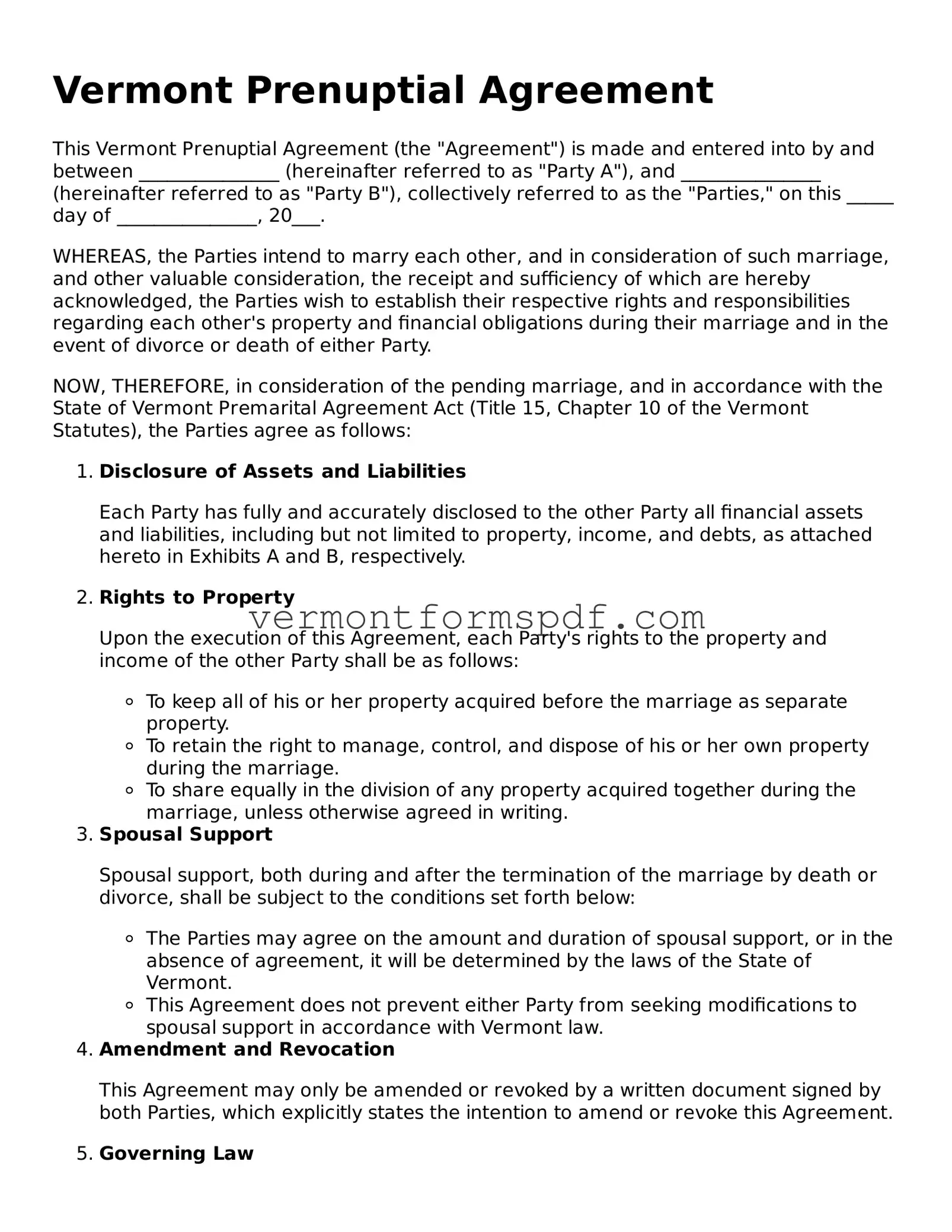 Printable Vermont Prenuptial Agreement Template