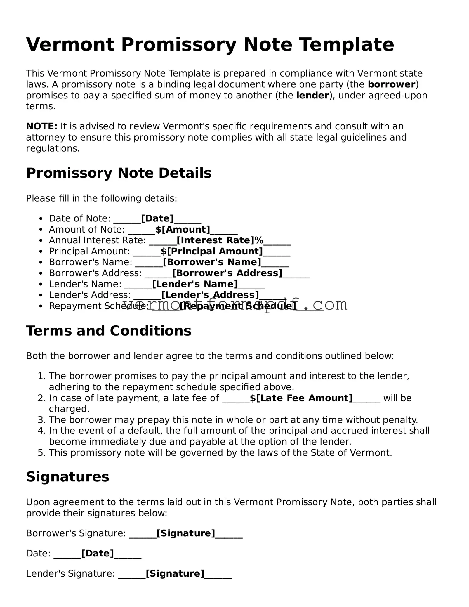 Printable Vermont Promissory Note Template