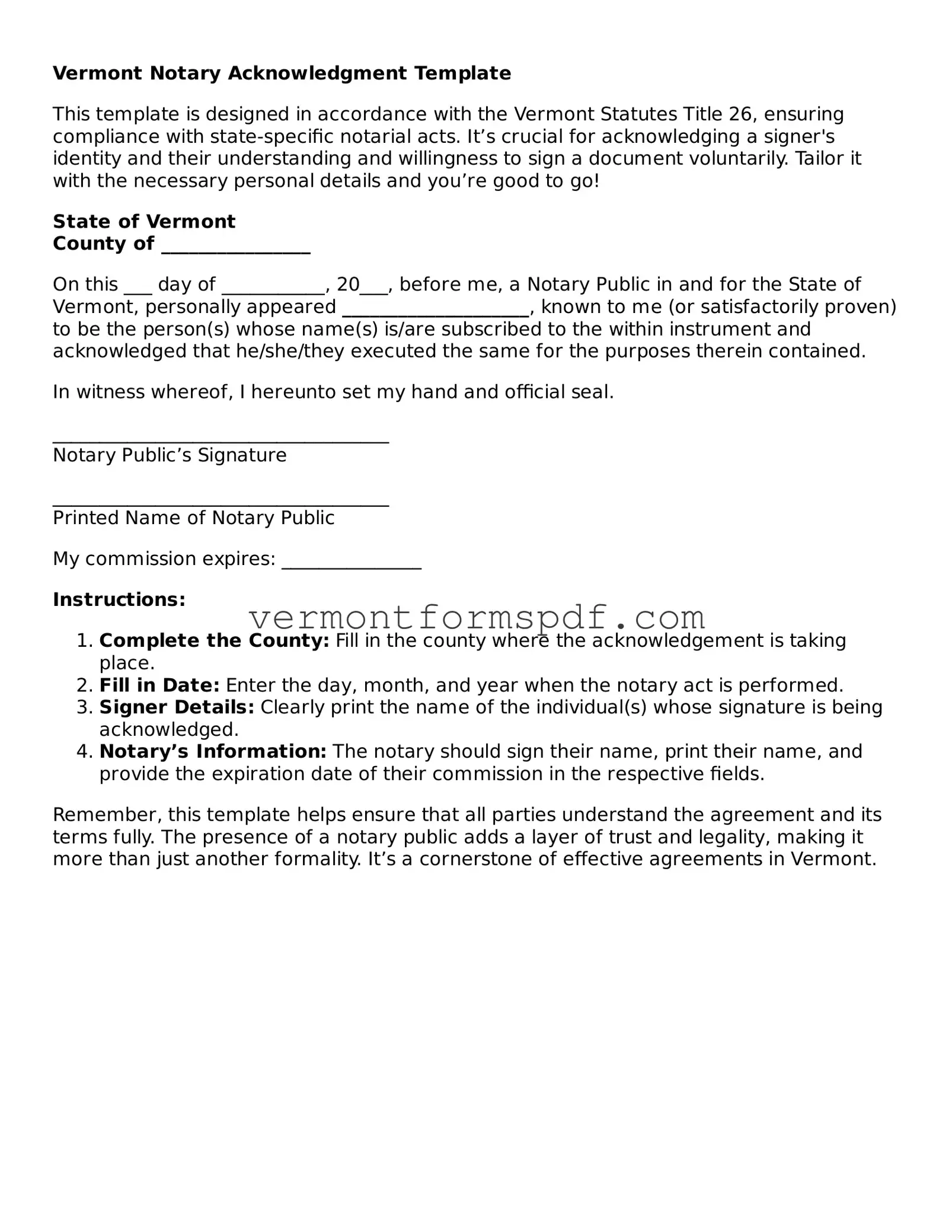 Printable Vermont Notary Acknowledgement Template