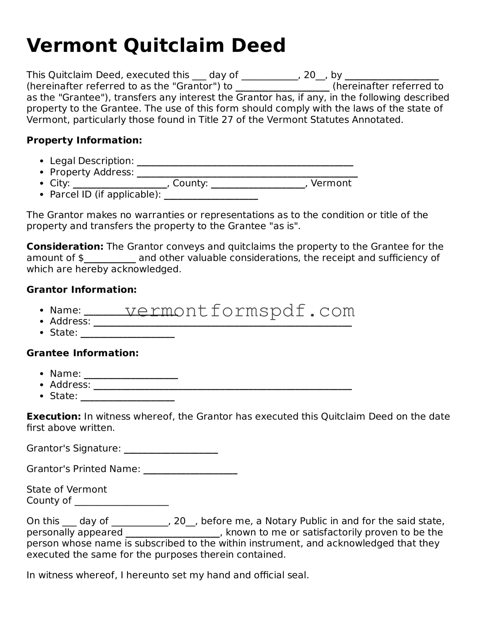 Printable Vermont Quitclaim Deed Template